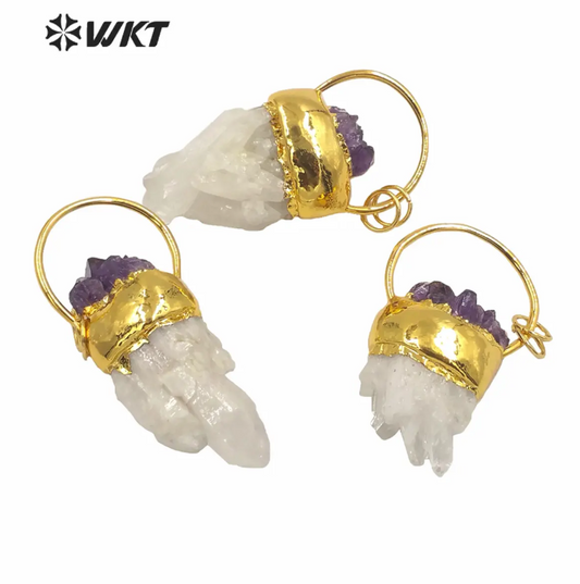 WT-P1582 Wholesale Gold Electroplated White Cluster Quartz Point Pendant Lady Fashion Natural Druzy Quartz Point Pendant