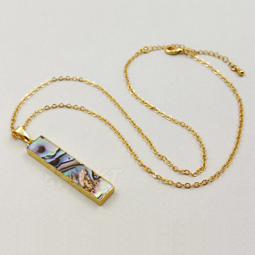 WT-N1020 Wholesale Long bar Abalone Shell Necklace with 18inch Long Real Gold Electroplated Simple Abalone Shell Necklace