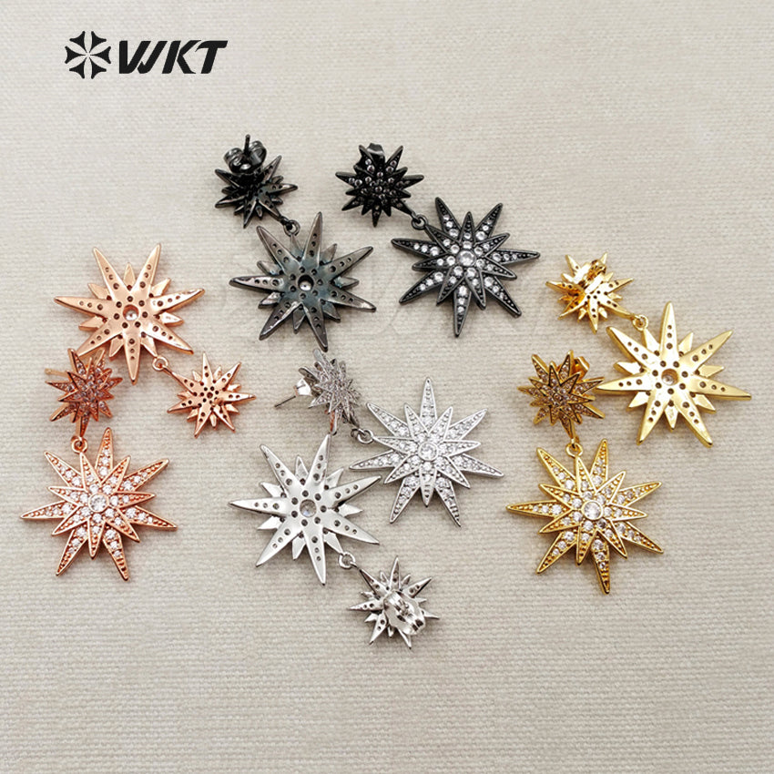 ME030 WKT Wholesale Fashion Cz Micro Pave Brass With Gold Rose Gold Silver Gunmetal Plated Double Star Stud Dangle Earrings