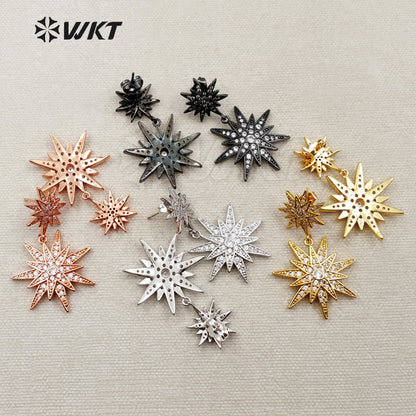 ME030 WKT Wholesale Fashion Cz Micro Pave Brass With Gold Rose Gold Silver Gunmetal Plated Double Star Stud Dangle Earrings