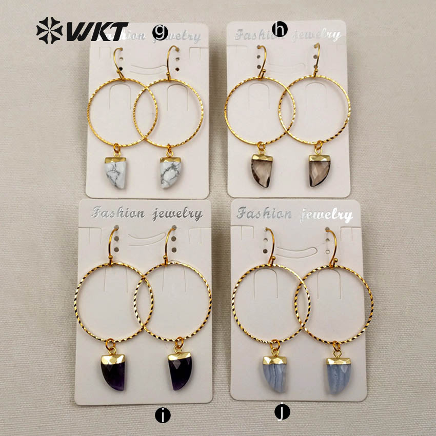 WT-E390 WKT Wholesale New Fashion Unique Lasted 24k Real Gold Plated Hoop Faceted Multi Horn Gemstone Dangle Earrings