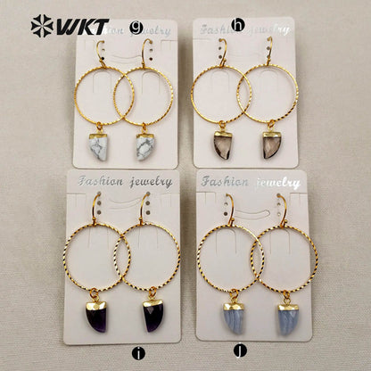 WT-E390 WKT Wholesale New Fashion Unique Lasted 24k Real Gold Plated Hoop Faceted Multi Horn Gemstone Dangle Earrings
