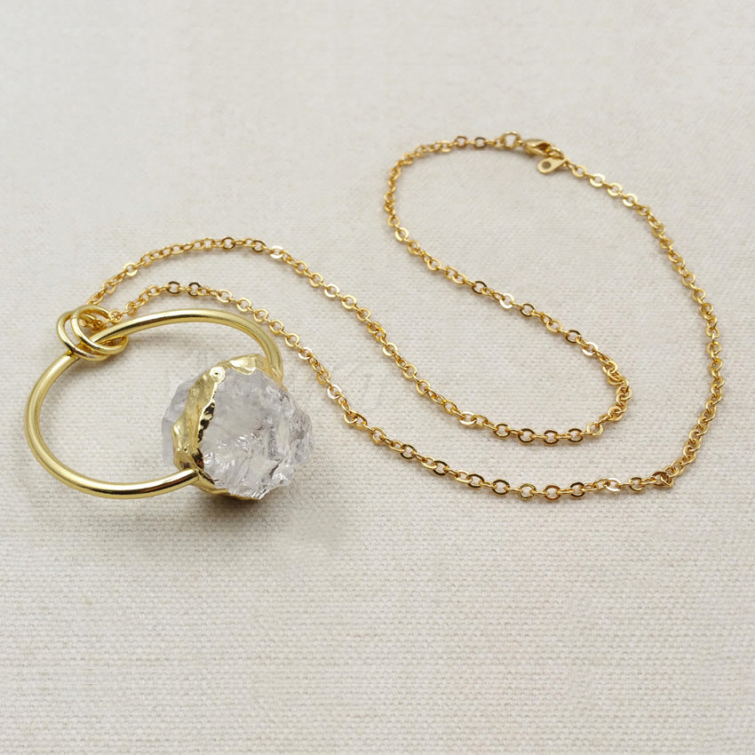 WT-N1011 Wholesale Raw Crystal Quartz Chunky Stone Necklace, Fashion Fancy Big Ring Crystal Stone Necklace