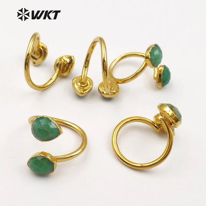 WT-R316 Wholesale Double Water Drop Faceted Green Stone With Gold Trim Women Elegant Rings Natural Chrysoprase Stone Rings