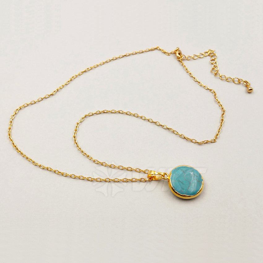 WT-N1000 Wholesale High Quality Generous Design Necklace 18 Inch Natural Green Turquoise Round Shape 24K Real Gold Plated