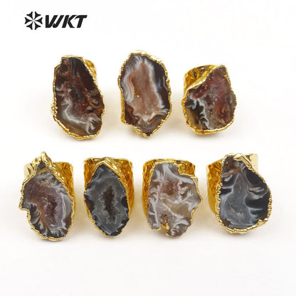 WT-R112 Adjustable 24k Real Gold Electroplated Slice Agate Stone Ring Fashion Cigar Druzy Stone Ring