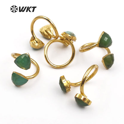 WT-R317 Wholesale Triangle Shape Faceted Green Stone With Gold Trim for Women Dainty Jewelry Natural Chrysoprase Stone Rings