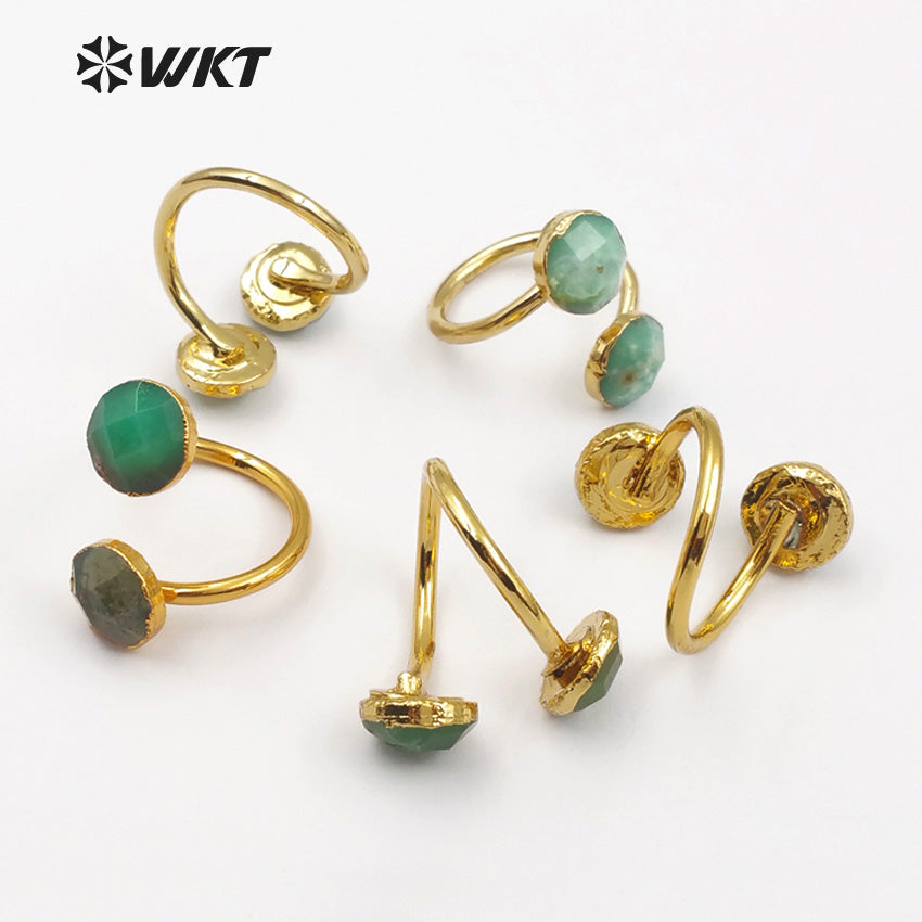 WT-R318 Double Green Faceted Stone in Round Shape for Women Bohemia Cocktail Adjustable Gold Trim Chysoprase Stone Rings
