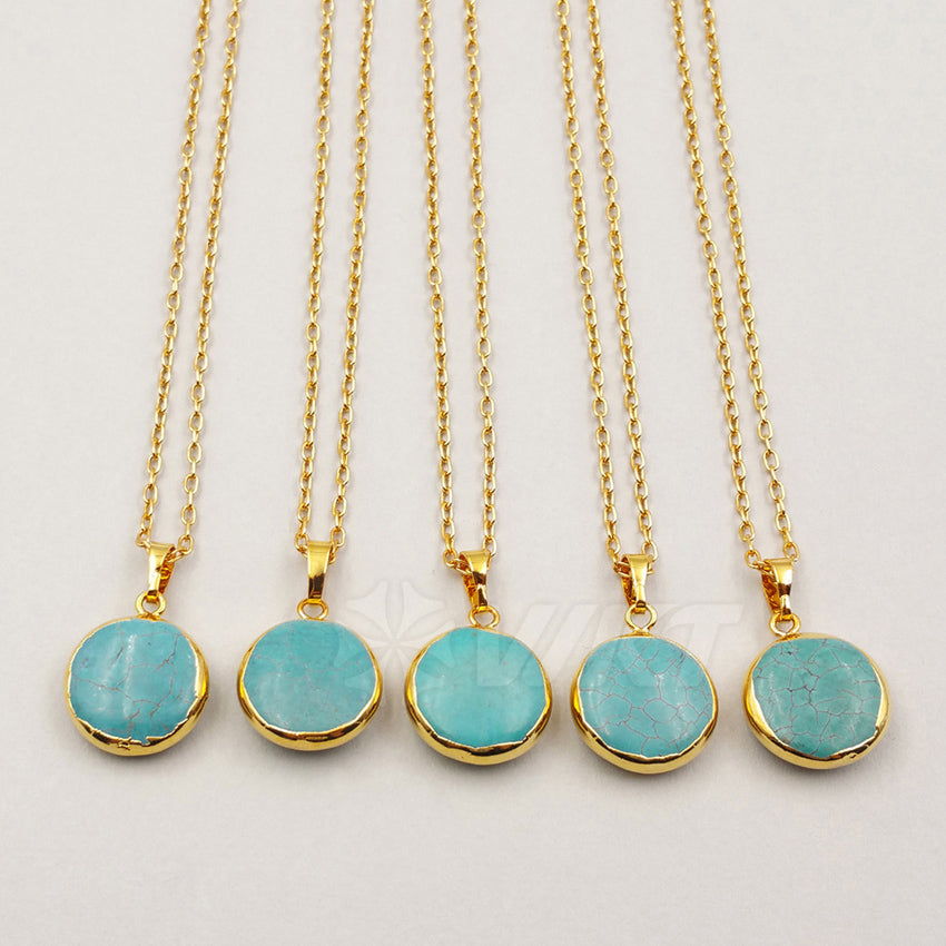 WT-N1000 Wholesale High Quality Generous Design Necklace 18 Inch Natural Green Turquoise Round Shape 24K Real Gold Plated
