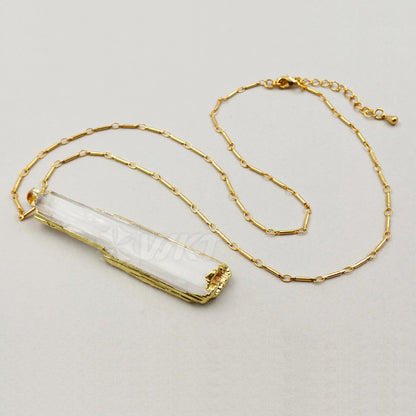 WT-N1021 New Hotsales Raw Stone Selenite Necklace, High Quality 24k Real Gold Trim Long White Selenite Necklace