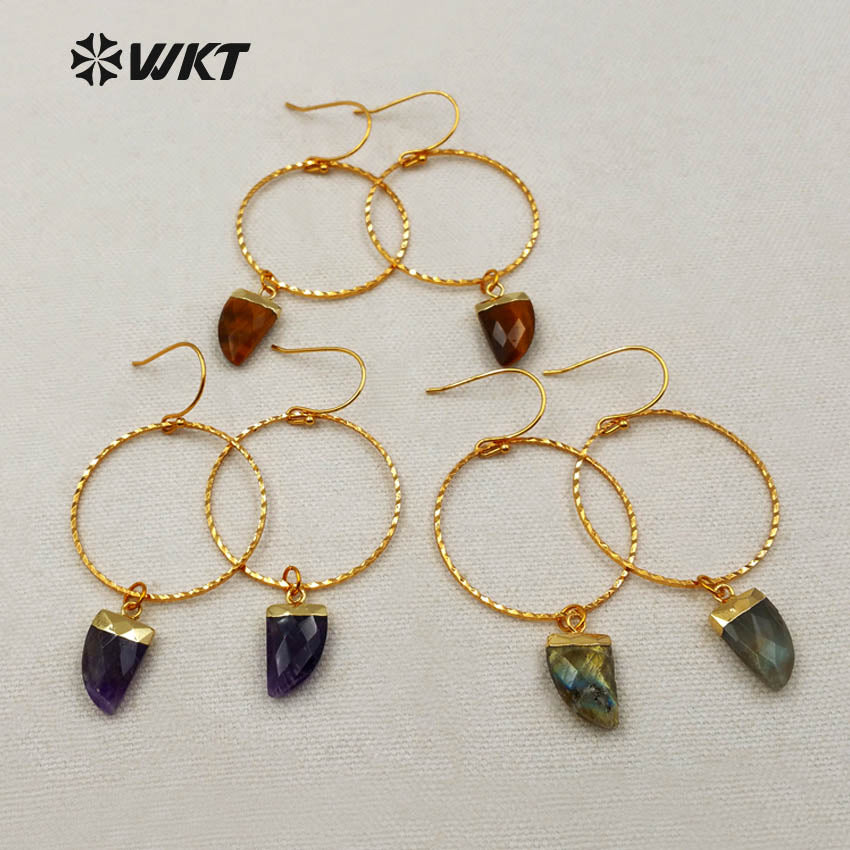 WT-E390 WKT Wholesale New Fashion Unique Lasted 24k Real Gold Plated Hoop Faceted Multi Horn Gemstone Dangle Earrings