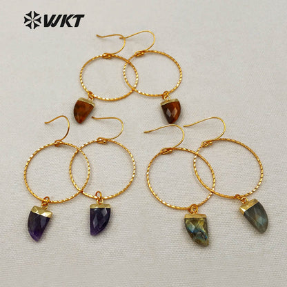 WT-E390 WKT Wholesale New Fashion Unique Lasted 24k Real Gold Plated Hoop Faceted Multi Horn Gemstone Dangle Earrings