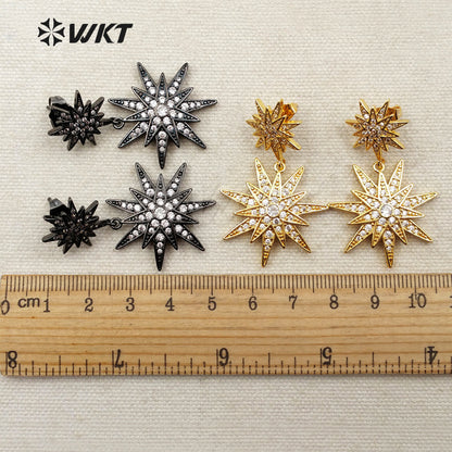 ME030 WKT Wholesale Fashion Cz Micro Pave Brass With Gold Rose Gold Silver Gunmetal Plated Double Star Stud Dangle Earrings