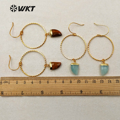 WT-E390 WKT Wholesale New Fashion Unique Lasted 24k Real Gold Plated Hoop Faceted Multi Horn Gemstone Dangle Earrings