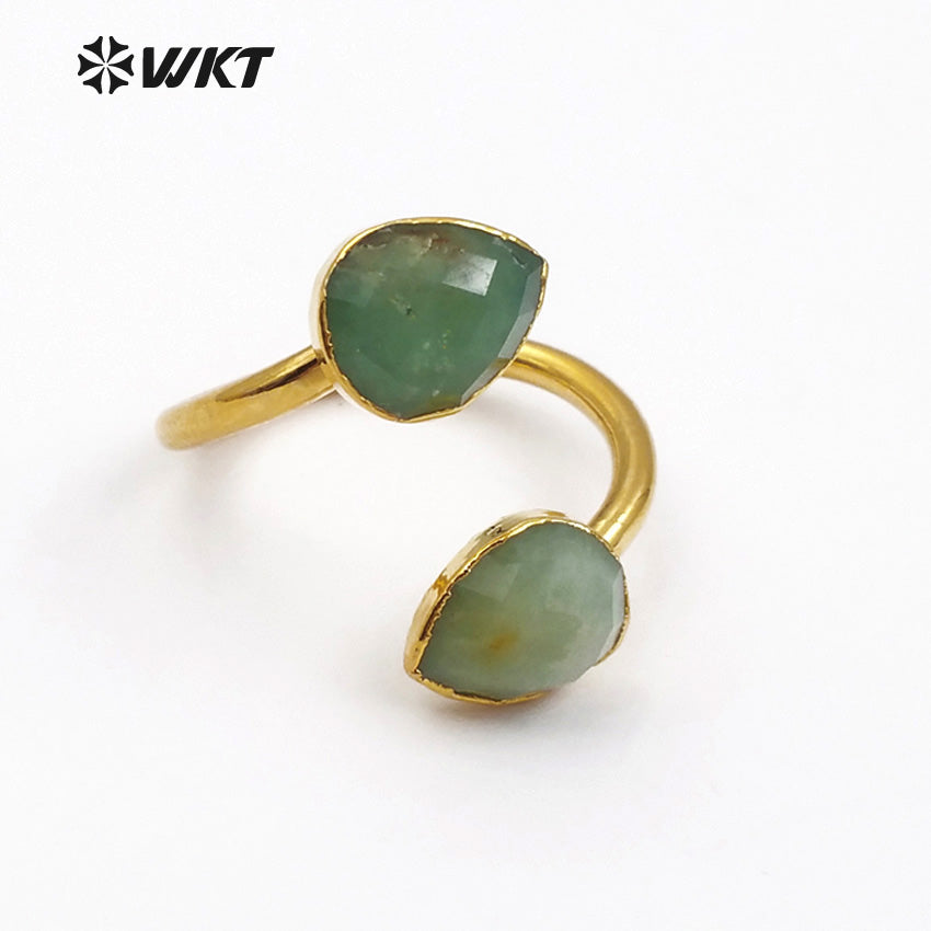 WT-R316 Wholesale Double Water Drop Faceted Green Stone With Gold Trim Women Elegant Rings Natural Chrysoprase Stone Rings