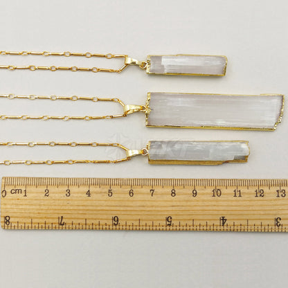 WT-N1021 New Hotsales Raw Stone Selenite Necklace, High Quality 24k Real Gold Trim Long White Selenite Necklace