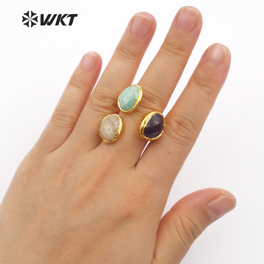 WT-R315 Vintage Design Three Stones on the Surface of the Ring Natural Amethyst Rose Quartz Labradorite and Pearls Mix Rings