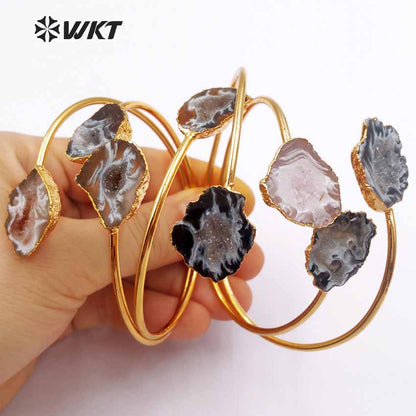WT-B391 Hotsale Natural Geode Raw Stone 24k Real Gold Plated Adjustable Chunky Double Stone Druzy Agate Bangle
