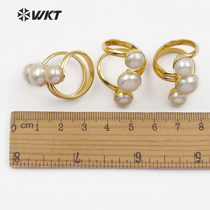 WT-R311 Wholesale Three Round Freshwater Pearl Rings Smoothly Tiny Pearl With Gold Bezel Natural Pearl Rings