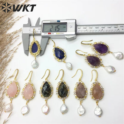 WT-E706 WKT New Design Gorgeous Natural Lapis Amethyst Stone Hoop Earring 18k Enviramental Electroplated Drop Gift Earring