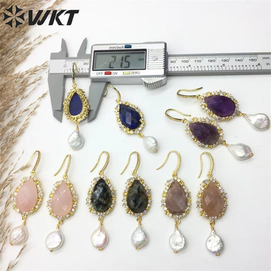 WT-E706 WKT New Design Gorgeous Natural Lapis Amethyst Stone Hoop Earring 18k Enviramental Electroplated Drop Gift Earring