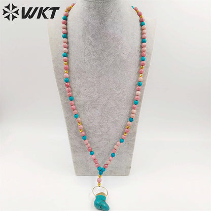 WT-N1410 Newest Fashion Handmade 30 Inch Long Sweater Chain Necklace Women Trendy Hot pink Opal Turquoise Beads Necklace