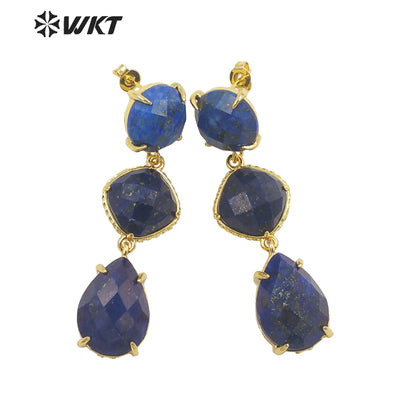WT-E689 Wholesale Fashion Triple Stone Long Dangle Earrings Gorgeous Lady Prong Setting Natural Gemstone Birthday Stone Earrings