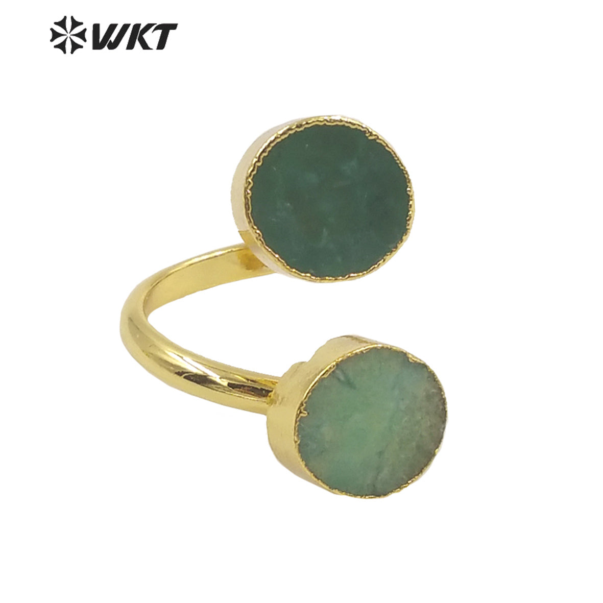 WT-R371 Wholesale Newest Design Double Stone Chrysoprase Jade Ring 18k Real Gold Plated Resist Tarnishable Jewelry Ring