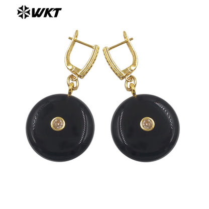 WT-E809 Fashionable Rose Quartz Various Natural Gemstones With Zircon Round Gold Earrings As Women Daily Elegant Jewelry