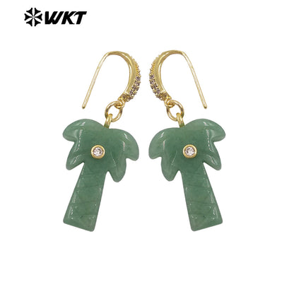 WT-E814 Beautiful Various Natural Gemstones Coconut Tree Shape Gold Pendant Earrings For Girls Summer Matching Jewelry
