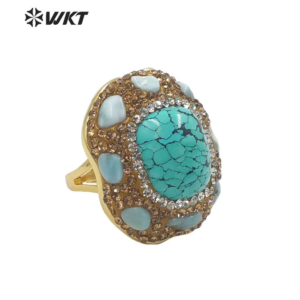 WT-R445 Wholesale Fashion 18k Gold Plated Gorgeous Rhinestone Decorative Turquoise Pearl Party Ring Daily Wearing Women Rings