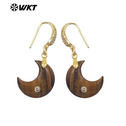 WT-E816 Lovely Style Zircon And Natural Gemstones Moon Shape Little Gold Pendant Earrings As Lady Daily Decorative Jewelry