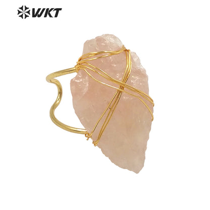 WT-R390 WKT 2022 Boho Style Women Wire Wrapped pink Quartz Arrowhead Ring for Women New Fashion Statement Ring Party