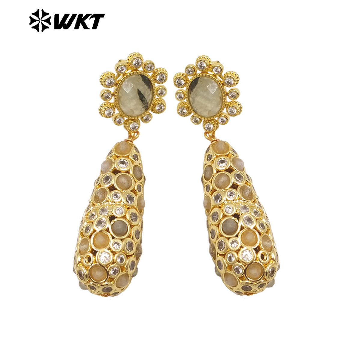 WT-E757 Amazing Popular Fashion Gold Plated Long Dangle Drop With Natural Stond Beads Setting Women Earrings