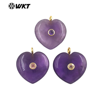 WT-P2087 Lovely Gold Plated Zircon Setting In Natural Gemstone Heart Shape Pendants For Women Romantic Necklace DIY Design