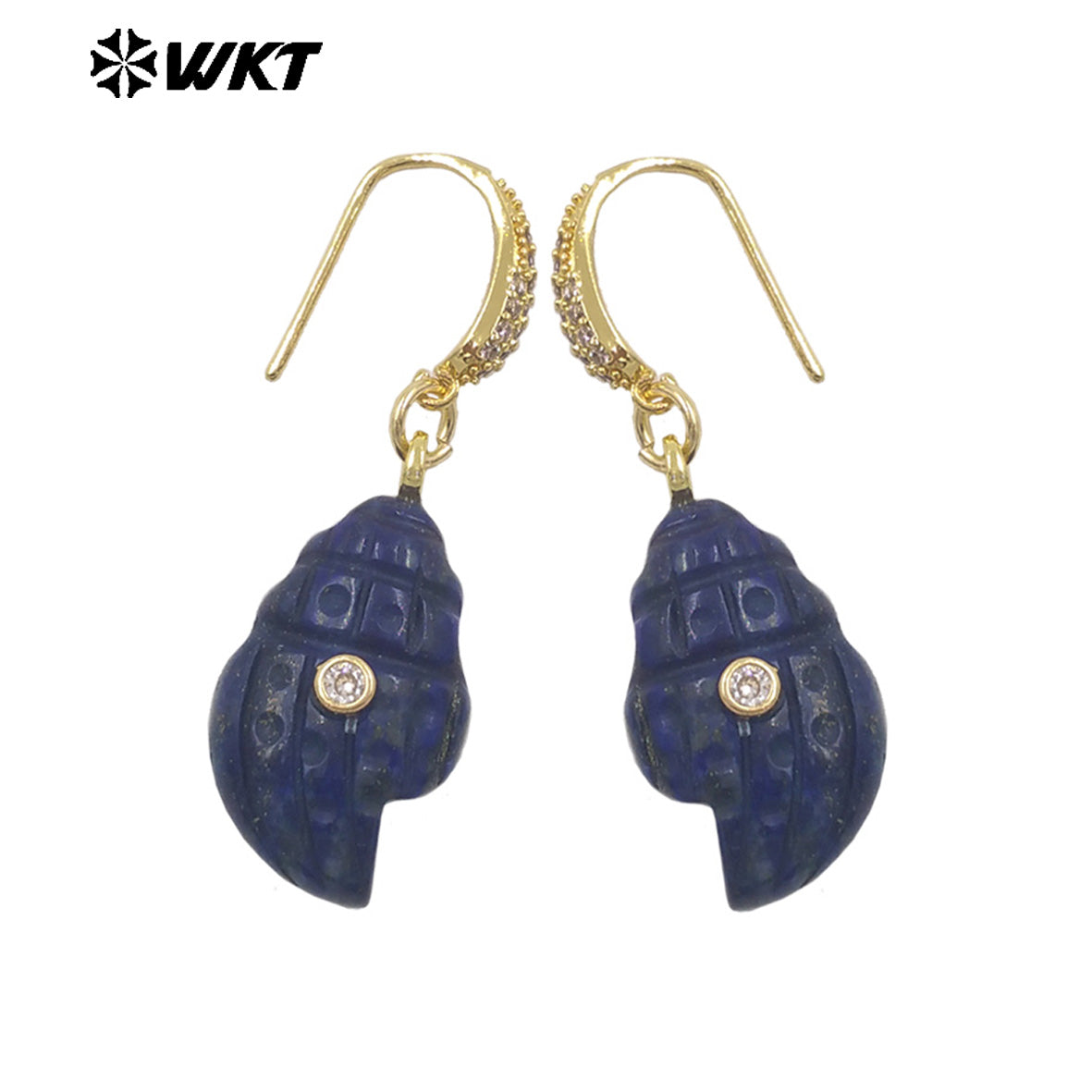 WT-E828 New Product Zircon And Various Natural Gemstones Conch Shape Gold Earrings For Girls Summer Beach Wearing Accessory