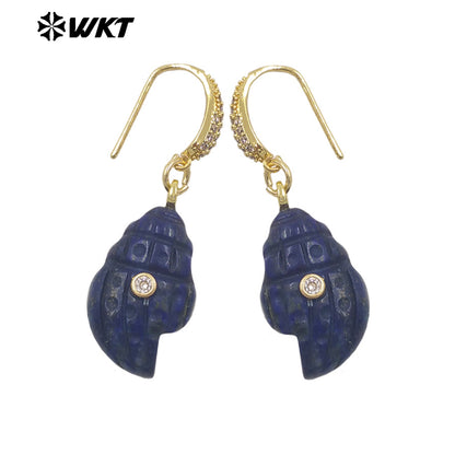 WT-E828 New Product Zircon And Various Natural Gemstones Conch Shape Gold Earrings For Girls Summer Beach Wearing Accessory