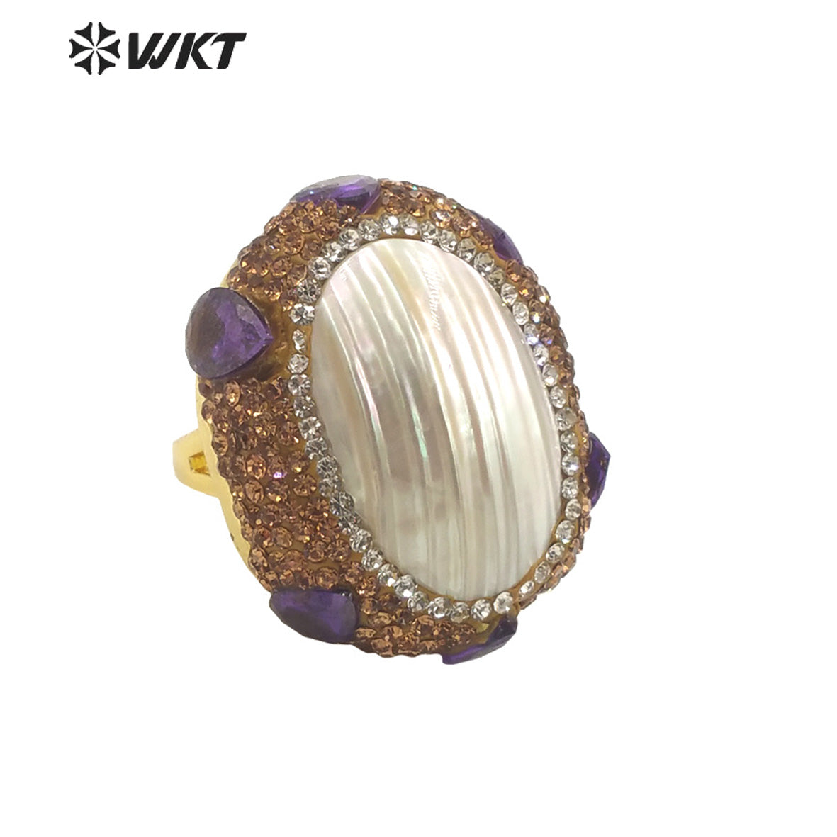 WT-MPR085 New Popular Handmade Design Gold Rhinestone and Freshwater Pearl Mabe Fashion Adjustable Zircon Ring
