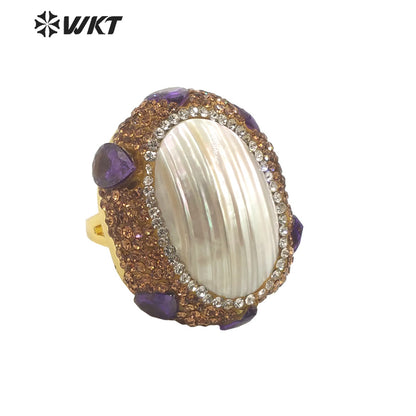 WT-MPR085 New Popular Handmade Design Gold Rhinestone and Freshwater Pearl Mabe Fashion Adjustable Zircon Ring