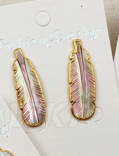 WT-E355 Amazing Hand Carved Natural Abalone Feather Studs Earrings, 24k Gold Trim Shell Feather Studs Earring