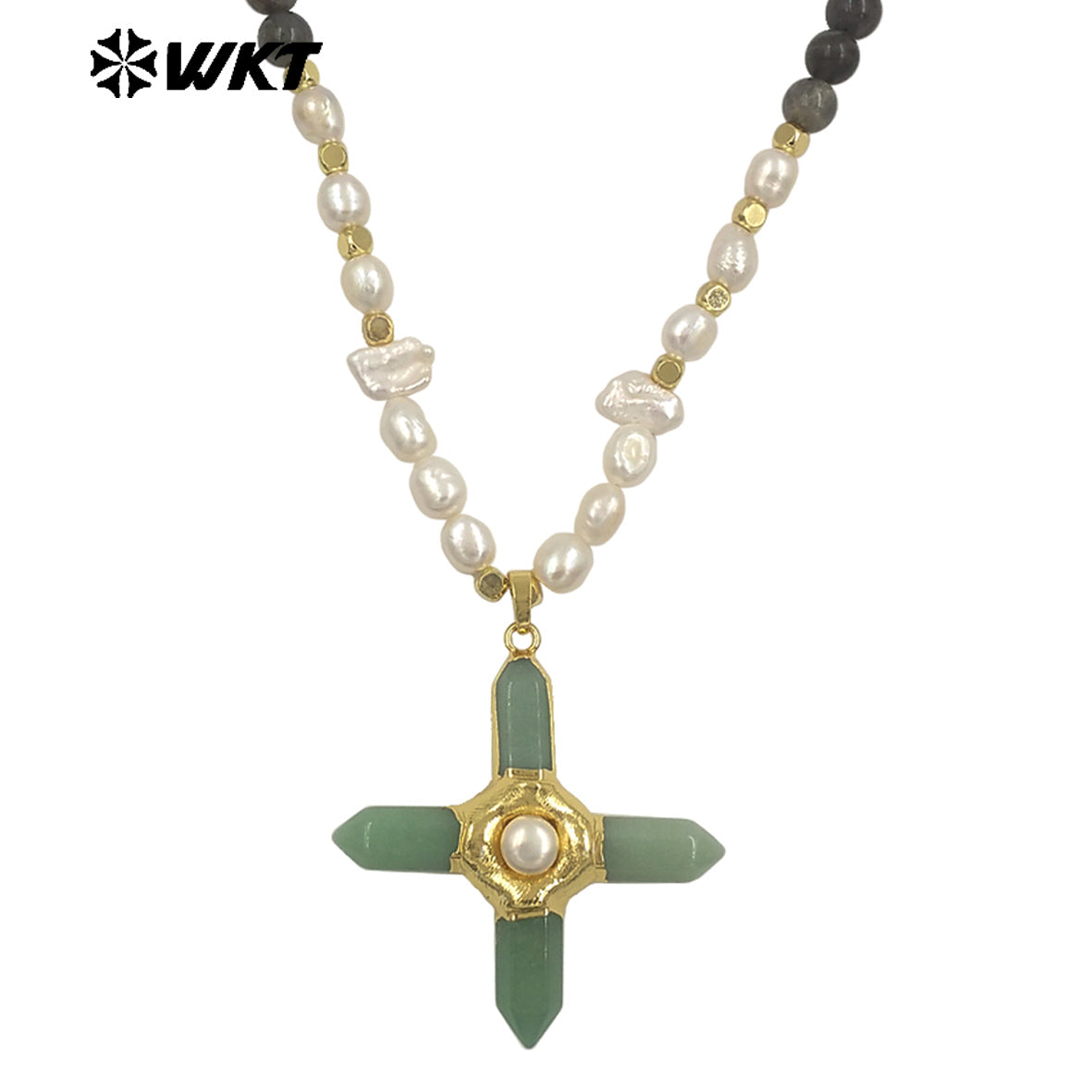 WT-JN375 High Quality Women Beautiful Gold Plated Natural Gemstones And Pearl Splicing Chain With Stone Cross Pendant Necklace