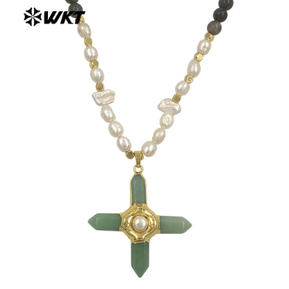 WT-JN375 High Quality Women Beautiful Gold Plated Natural Gemstones And Pearl Splicing Chain With Stone Cross Pendant Necklace