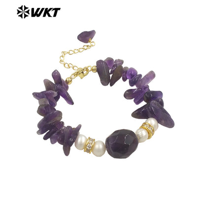 WT-B696 WKT New Arrival Worker Handmade by Natural Nugest Beads Stone Bracelet With Extend Chain Charms Lady Bracelet