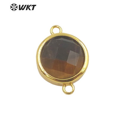 WT-C307 Wholesale Fashion Small Round Gold Bezel Jewelry Connectors Delicate Double Loops Natural Gemstone Charms in 12mm