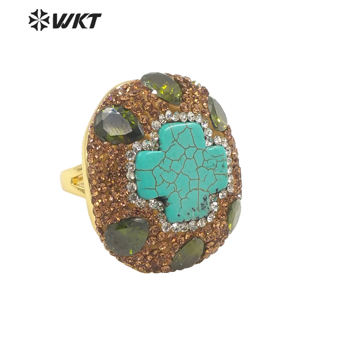 WT-R498 New Popular Vintage Style Rhinestone and Amazonite Turquoise Stone Setting Handmade Adjustable Sizee Gold Plated Ring