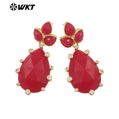 WT-E756 Gorgeous Precious Natural Amazonite Amethyst Gemstone Carved Long Teardrop Earrings With Zircon Around Trend Style