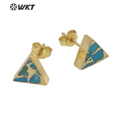 WT-E645 Wholesale Fashion Tiny 10mm Copper Turquoise Earrings Studs Lady Chick Gold Electroplated Stone Studs for Friends