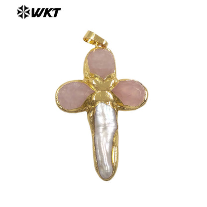 WT-JP382 Classic Cross Shape With Colored Natural Stone Pearl and 18k Gold Plated Pendant for Necklace Accessory
