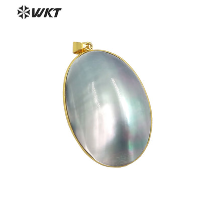 WT-JP338 Wholesale Fashion Gold Bezel Brightly Natural Mabe Shell Pendant Long Oval pink Shell Jewelry Pendant for Friend Gift