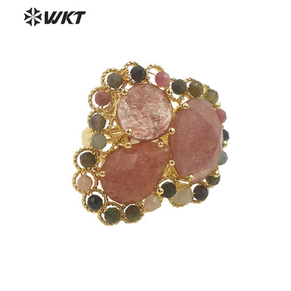 WT-R452 Newest Gold Bezel Natural Gemstone Cocktail Ring Big Exaggerated Luxury Gold Plated Women Triple Stone Ring